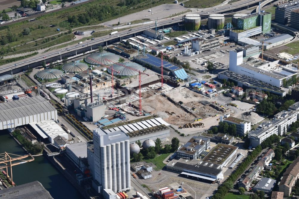 Aerial photograph Basel - New construction site and extension of the sewage treatment basins and purification stages of the plant of ProRheno in the district Kleinhueningen in Basel, Switzerland