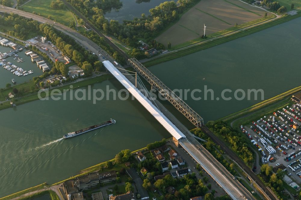 Aerial image Karlsruhe - River - bridge construction Rheinbruecke Maxau in , Germany