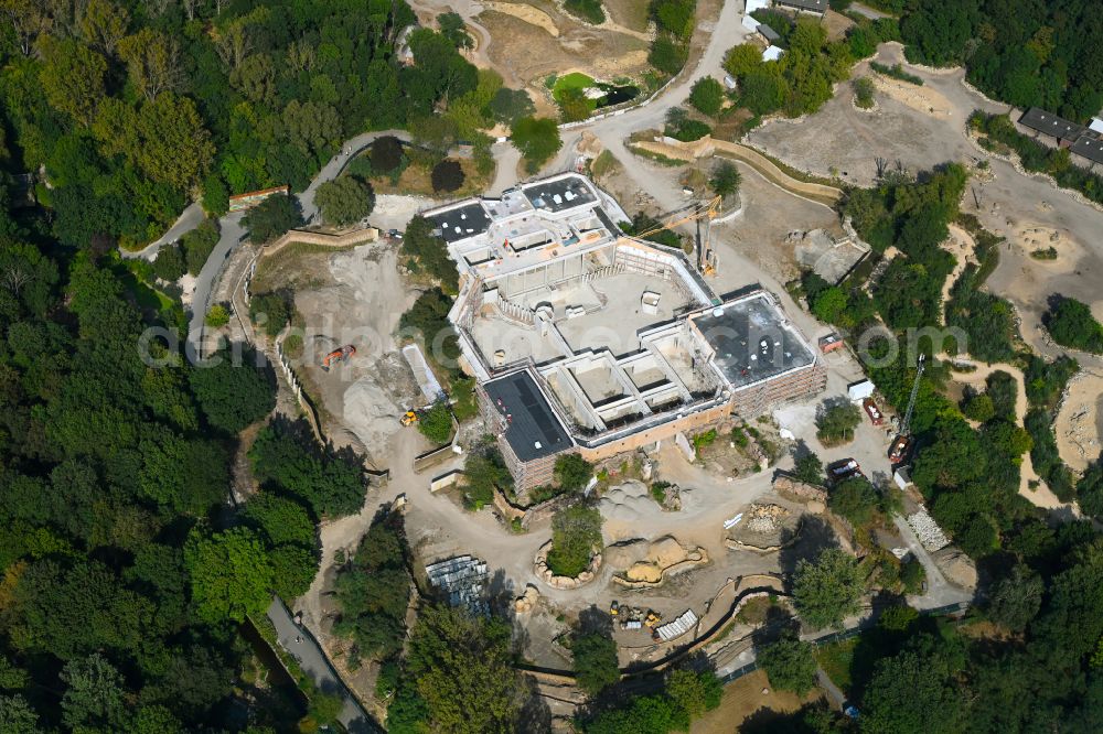 Aerial image Berlin - Construction site for reconstruction and modernization and renovation of a building Pachyderm house in the zoo on street Am Tierpark in the district Friedrichsfelde in Berlin, Germany