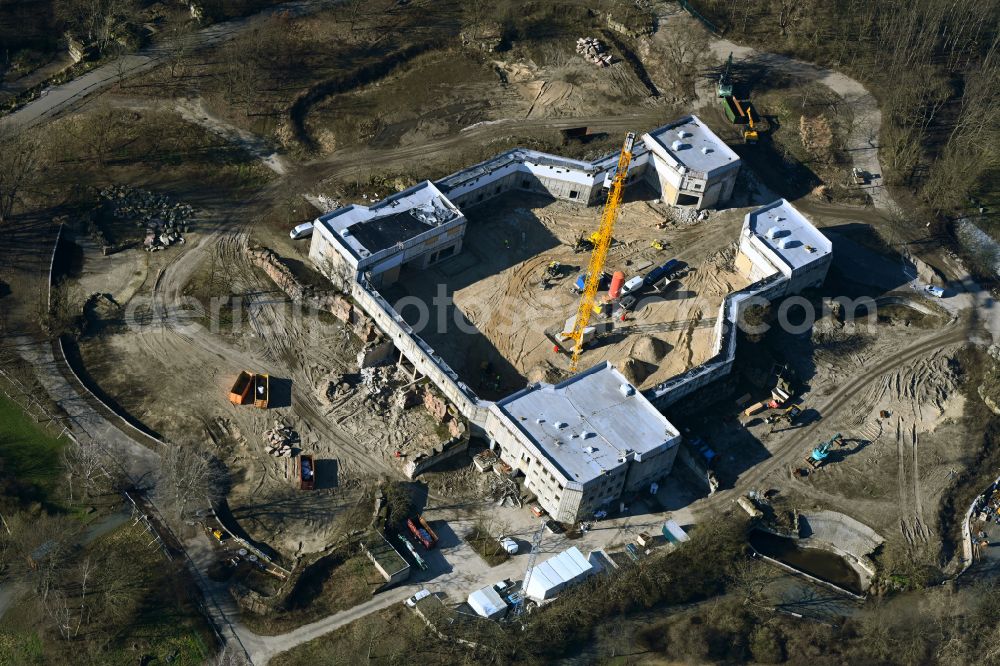 Aerial photograph Berlin - Construction site for reconstruction and modernization and renovation of a building Pachyderm house in the zoo on street Am Tierpark in the district Friedrichsfelde in Berlin, Germany