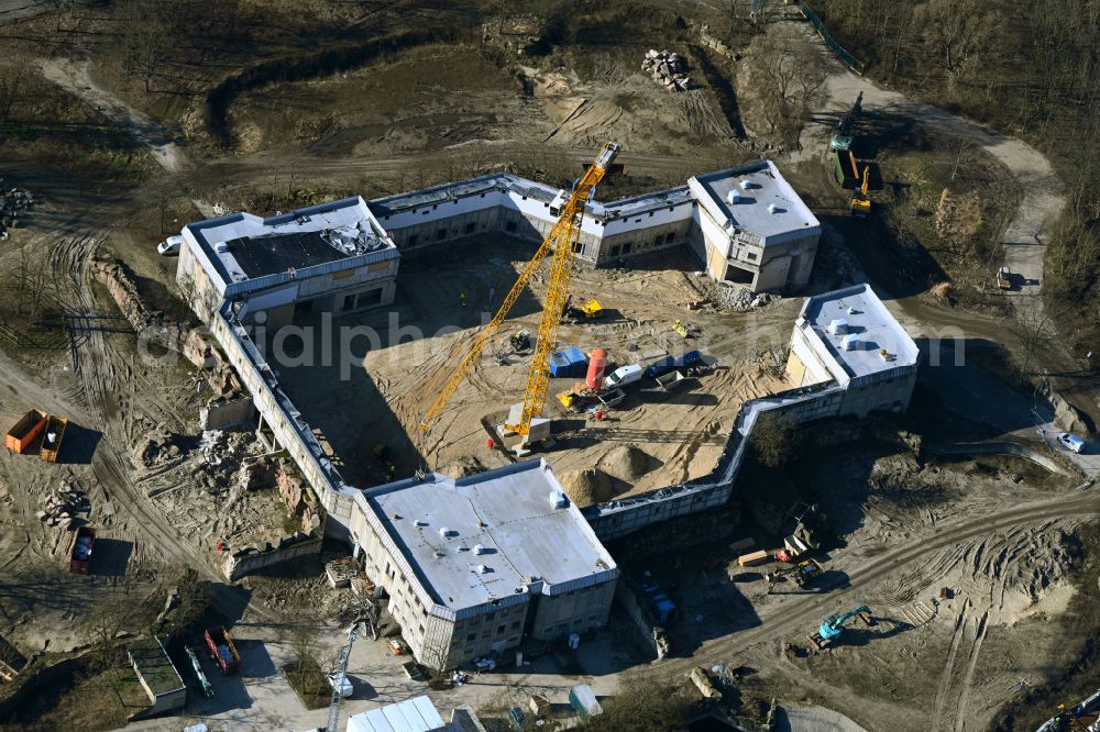 Berlin from above - Construction site for reconstruction and modernization and renovation of a building Pachyderm house in the zoo on street Am Tierpark in the district Friedrichsfelde in Berlin, Germany