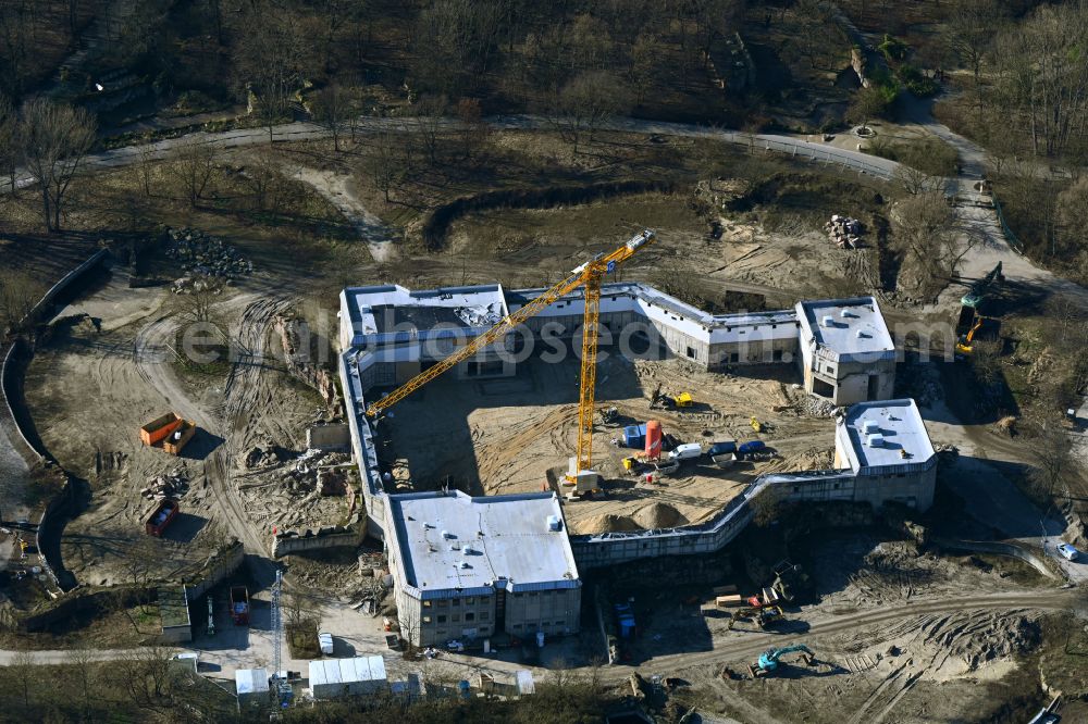 Berlin from the bird's eye view: Construction site for reconstruction and modernization and renovation of a building Pachyderm house in the zoo on street Am Tierpark in the district Friedrichsfelde in Berlin, Germany