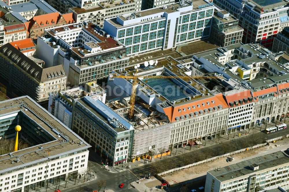 Berlin from the bird's eye view: Construction site for reconstruction and modernization and renovation of a building Franzoesisches Palais Unter den Linden in Berlin, Germany