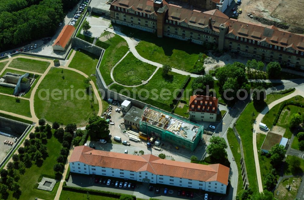 Erfurt from above - Construction site for reconstruction and modernization and renovation of a building in front of the Stasi-Unterlagen-Archiv Erfurt in the district Altstadt in Erfurt in the state Thuringia, Germany