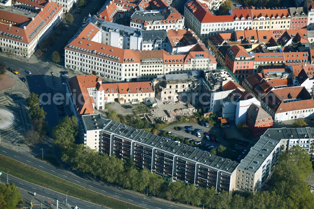 Aerial photograph Dresden - Construction site for reconstruction and modernization and renovation of a building Hotel Stadt Leipzig on Raehnitzgasse corner Heinrichstrasse in the district Innere Neustadt in Dresden in the state Saxony, Germany