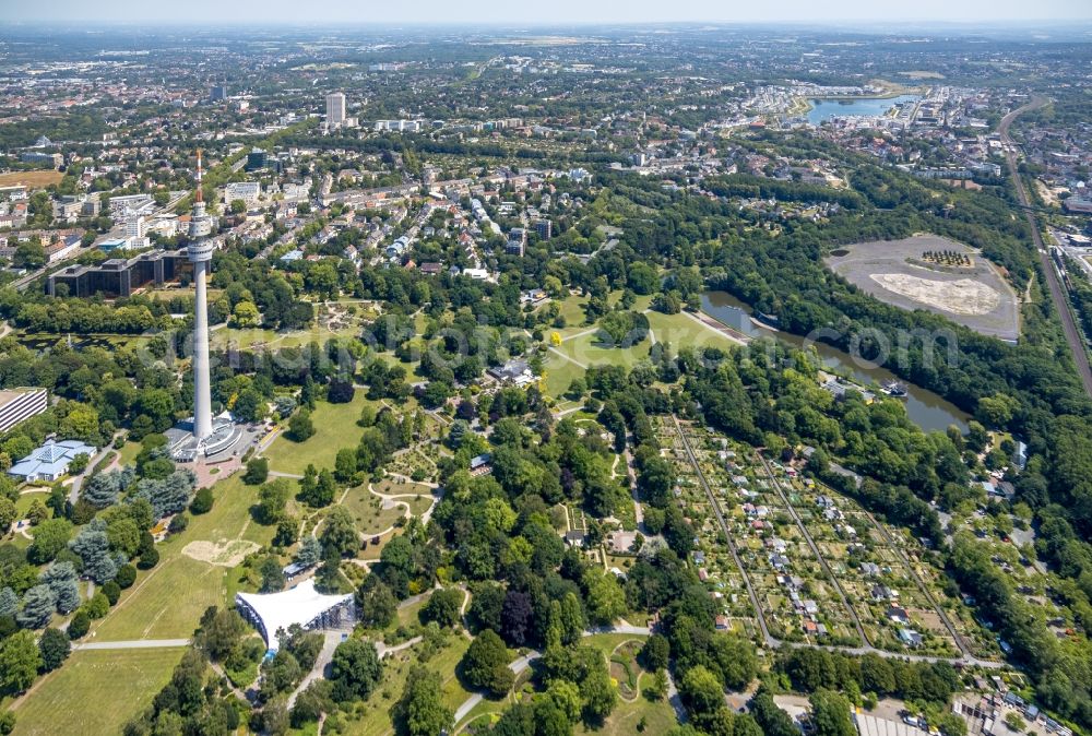 Aerial photograph Dortmund - Construction site for renovation, modernization and refurbishment of the traditional venue Sonnensegel in the Westfalenpark in Dortmund in the state of North Rhine-Westphalia, Germany