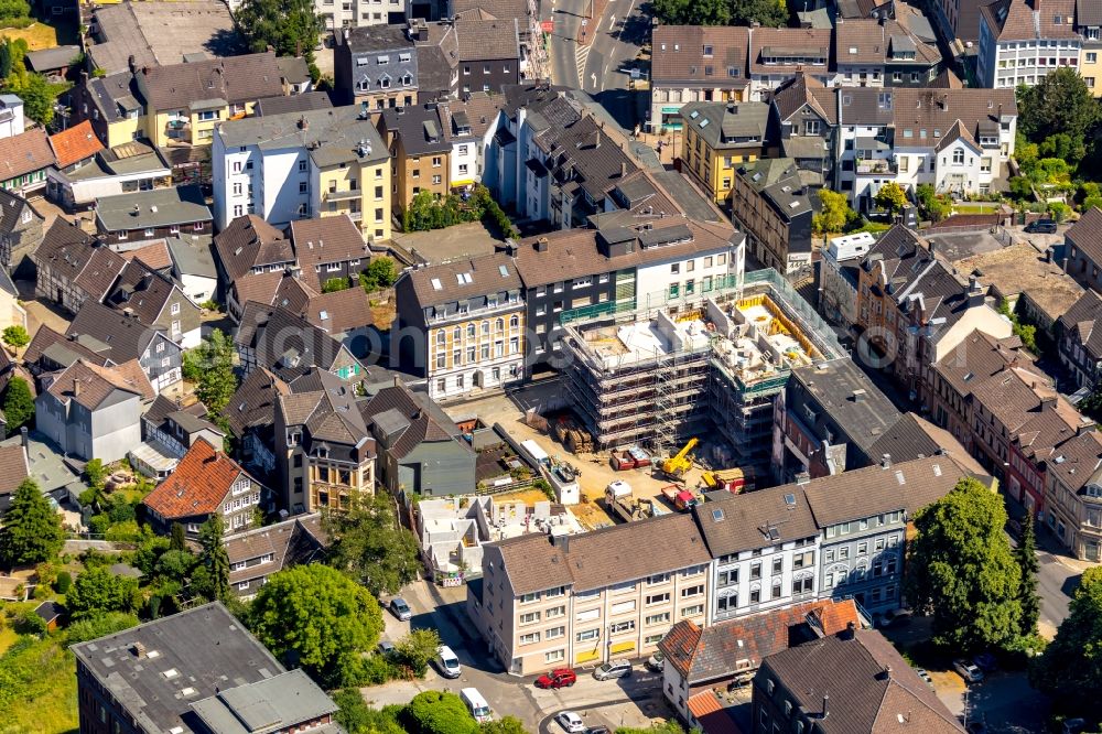 Aerial image Velbert - Construction site for reconstruction and modernization and renovation of a building formerly used as a post office and town hall building on Schaesbergstrasse corner Wilhelmstrasse in the district Neviges in Velbert in the state North Rhine-Westphalia, Germany