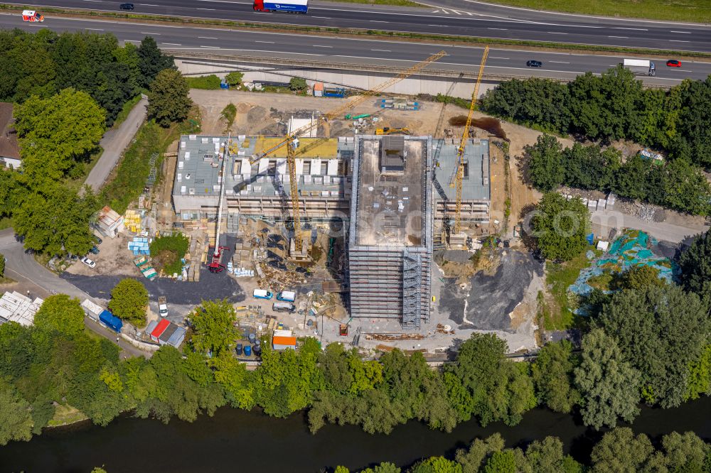 Arnsberg from above - Conversion, modernization and renovation work on the high-rise building of the town hall of the city administration on place Rathausplatz in Arnsberg at Sauerland in the state North Rhine-Westphalia, Germany