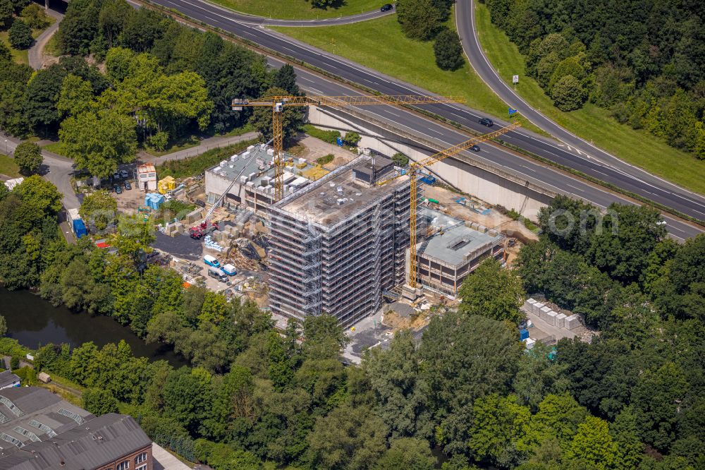 Arnsberg from the bird's eye view: Conversion, modernization and renovation work on the high-rise building of the town hall of the city administration on place Rathausplatz in Arnsberg at Sauerland in the state North Rhine-Westphalia, Germany