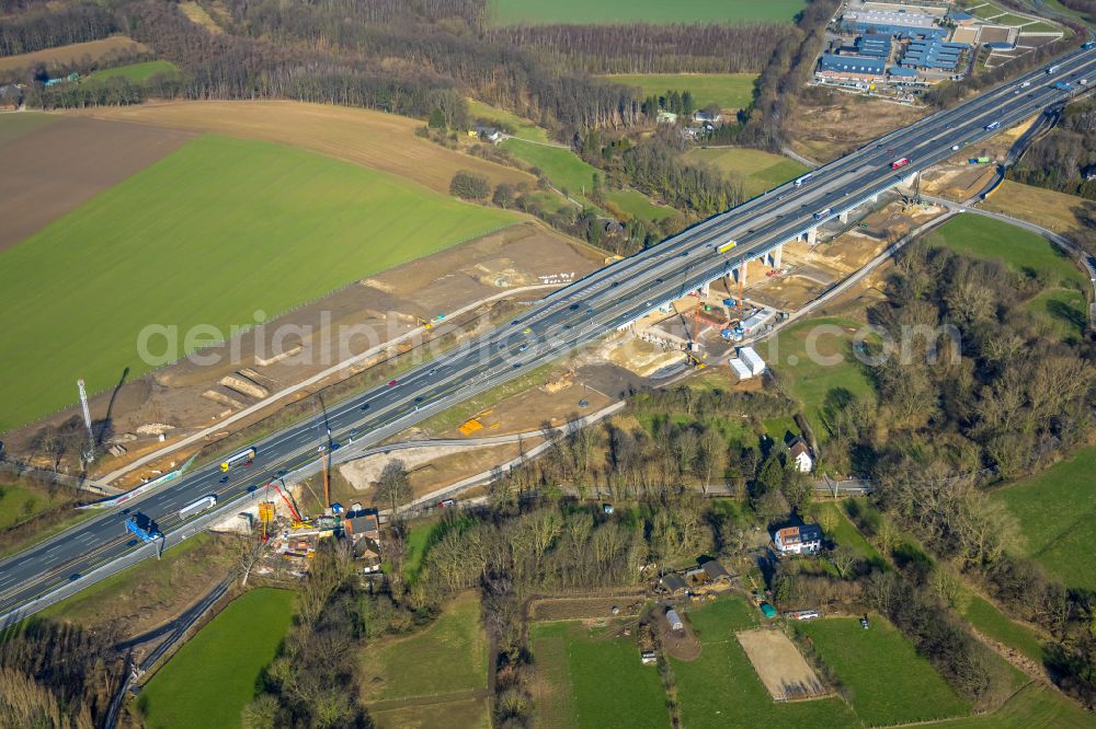 Aerial image Unna - Construction site for the rehabilitation and repair of the motorway bridge construction Liedbachtalbruecke of BAB A1 in the district Massener Heide in Unna at Ruhrgebiet in the state North Rhine-Westphalia, Germany