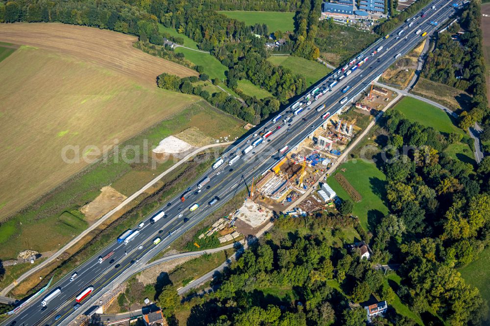 Aerial photograph Unna - Construction site for the rehabilitation and repair of the motorway bridge construction Liedbachtalbruecke of BAB A1 in the district Massener Heide in Unna at Ruhrgebiet in the state North Rhine-Westphalia, Germany