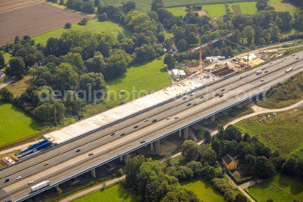 Unna from the bird's eye view: Construction site for the rehabilitation and repair of the motorway bridge construction Liedbachtalbruecke of BAB A1 in the district Massener Heide in Unna at Ruhrgebiet in the state North Rhine-Westphalia, Germany