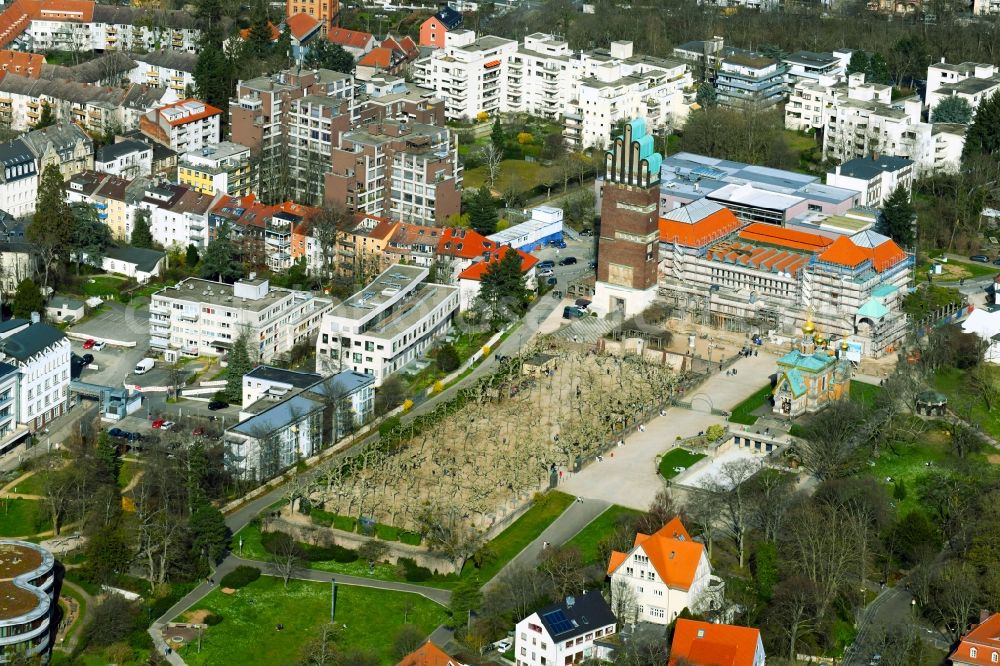 Darmstadt from above - Refurbishment and reconstruction of the cultural and art center Institut Mathildenhoehe Darmstadt on Olbrichweg in the district of Mathildenhoehe in Darmstadt in the state of Hesse, Germany