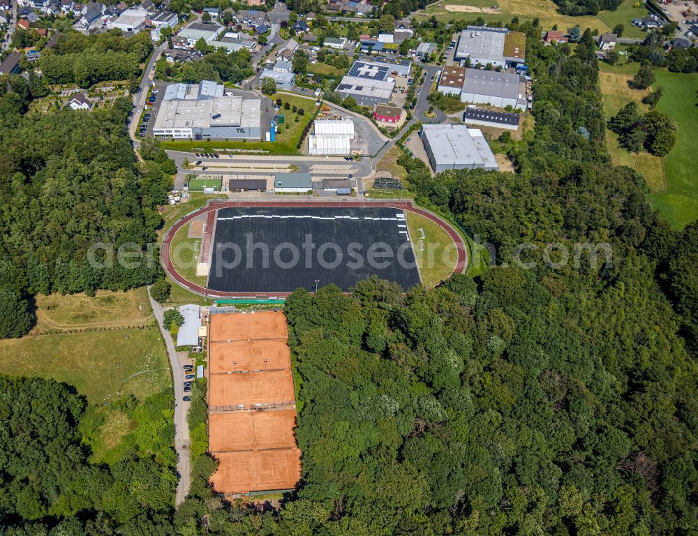 Silschede from above - Refurbishment of the artificial turf in the Waldstadion on the street Am Waldesrand in Silschede in the state North Rhine-Westphalia, Germany