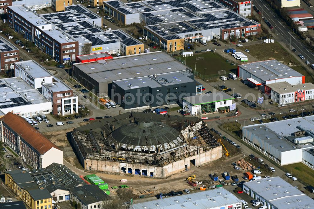 Potsdam from above - Construction site for reconstruction and modernization and renovation of a building of Rundschuppens and the alten Lokhalle in the district Babelsberg in Potsdam in the state Brandenburg, Germany