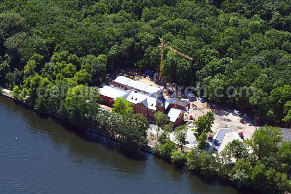 Aerial image Berlin - Renovation and modernization of the restaurant - excursion restaurant Das Eierhaeuschen in the Spreepark Berlin in Berlin, Germany