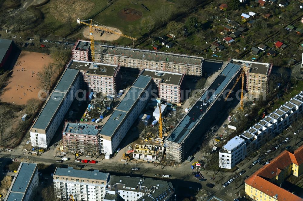 Aerial image Berlin - Refurbishment and modernization of a terraced apartment complex between Wolfshagener Strasse and Stiftsweg in the district Pankow in Berlin, Germany