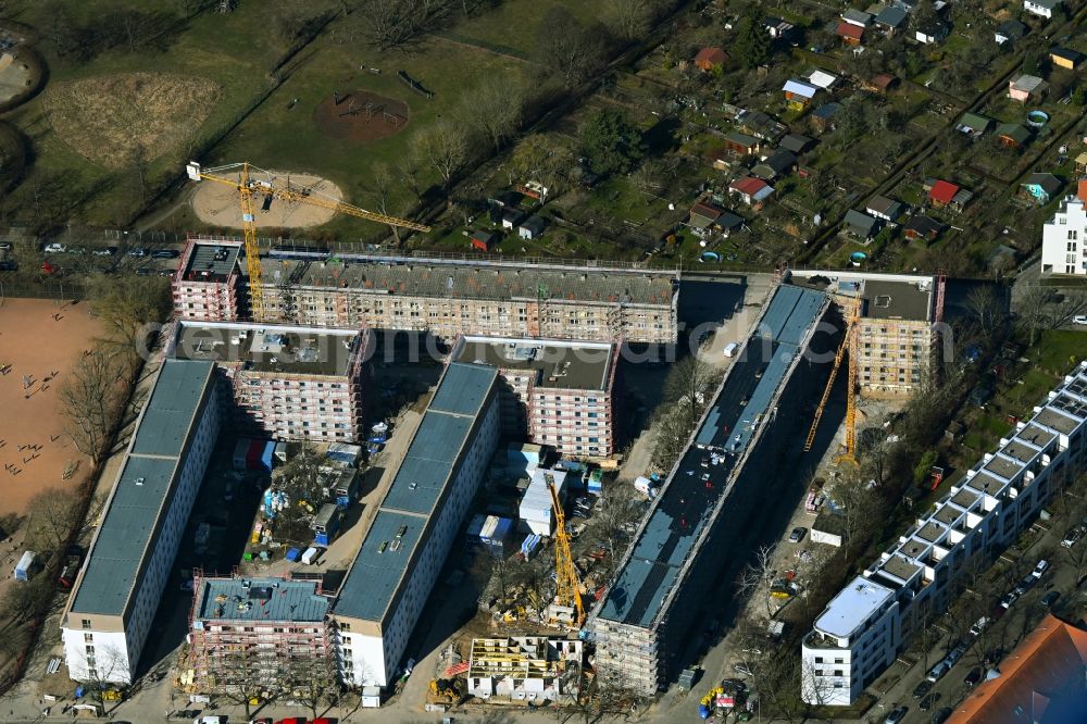 Aerial photograph Berlin - Refurbishment and modernization of a terraced apartment complex between Wolfshagener Strasse and Stiftsweg in the district Pankow in Berlin, Germany