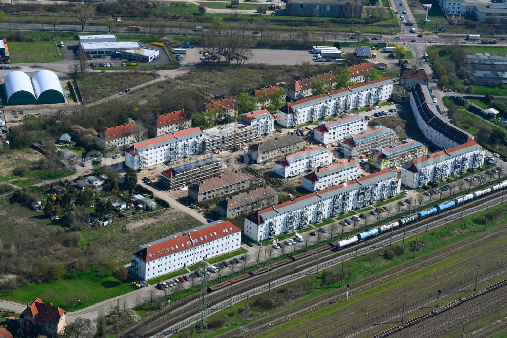 Magdeburg from above - Renovation and modernization of the multi-family housing estate Windmuehlensiedlung on Windmuehlenstrasse in the Rothensee part of Magdeburg in the state Saxony-Anhalt, Germany