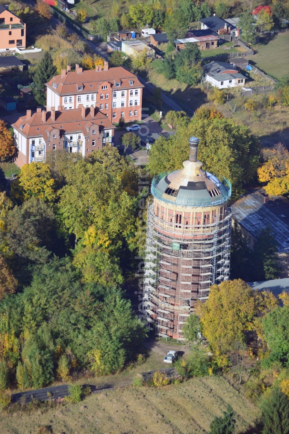 Aerial image Magdeburg - View onto the redevelopment of the Salbke water tower in Magdeburg in the state Saxony-Anhalt. The Salbke water tower is a decomissioned water tower and one of the landmarks of the district Salbke in Magdeburg