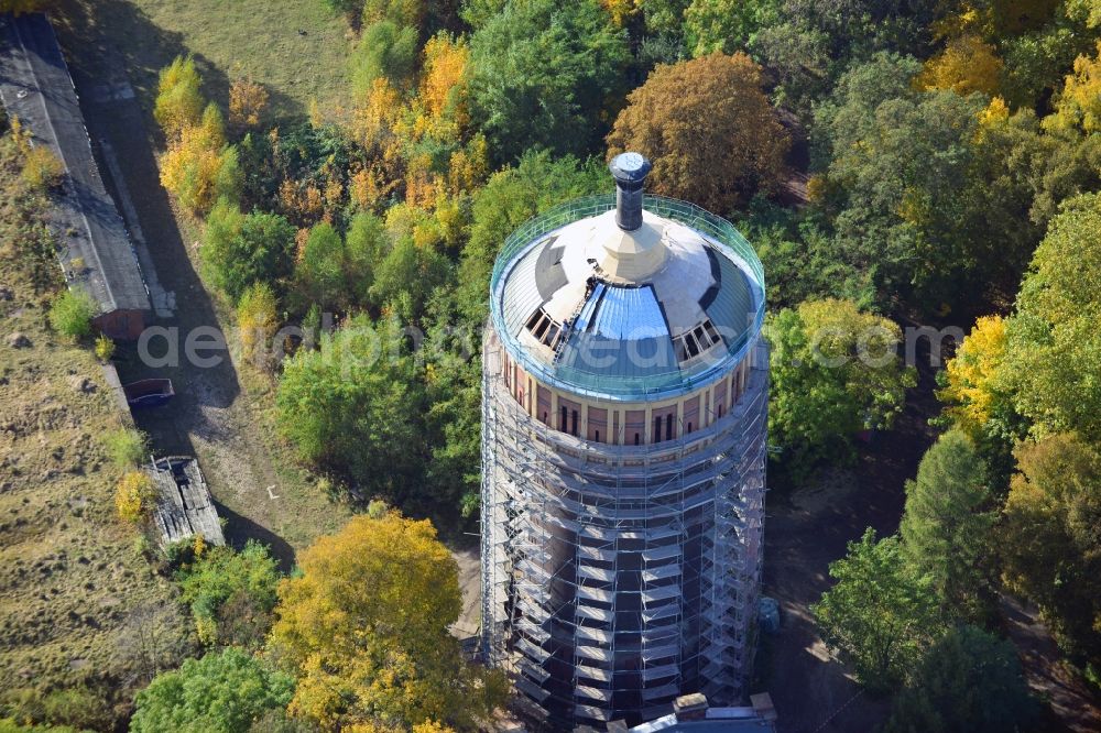 Magdeburg from above - View onto the redevelopment of the Salbke water tower in Magdeburg in the state Saxony-Anhalt. The Salbke water tower is a decomissioned water tower and one of the landmarks of the district Salbke in Magdeburg