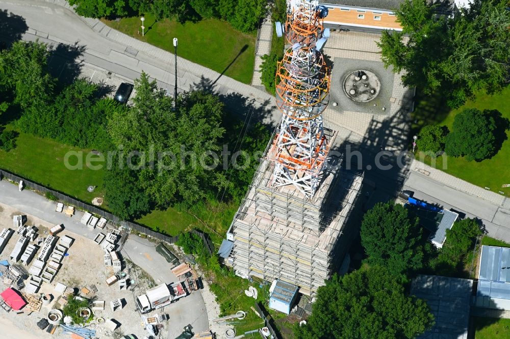 München from above - Steel mast funkturm and transmission system as basic network transmitter of BR Bayerischer Rundfunk in the district Freimann in Munich in the state Bavaria, Germany