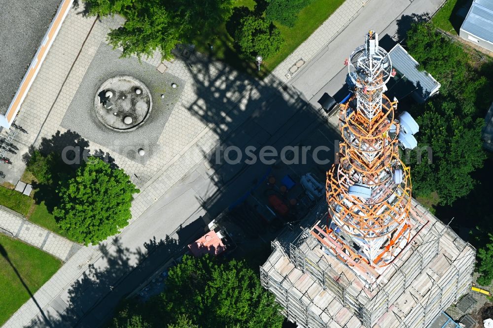 Aerial image München - Steel mast funkturm and transmission system as basic network transmitter of BR Bayerischer Rundfunk in the district Freimann in Munich in the state Bavaria, Germany