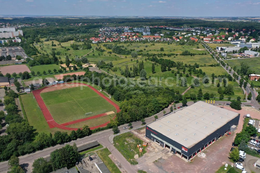 Aerial image Halle (Saale) - Renovation of the building of the indoor arena Sparkassen-Eisdom in Halle (Saale) in the state Saxony-Anhalt, Germany