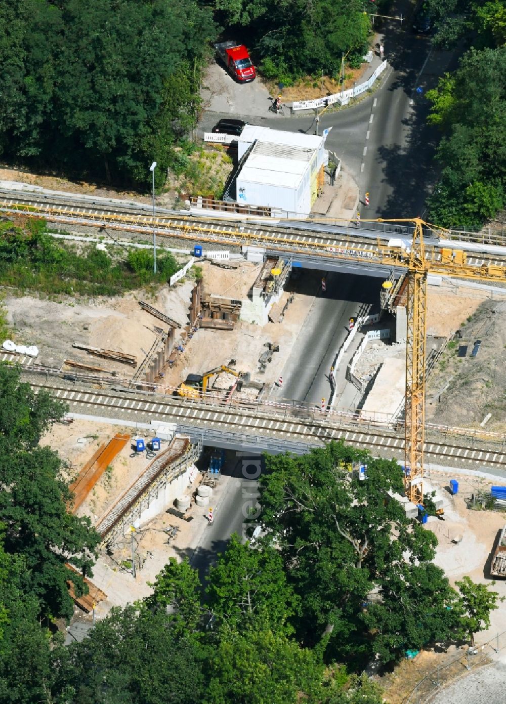 Hoppegarten from above - Construction site railway bridge building to route the train tracks on Birkensteiner Strasse in the district Dahlwitz-Hoppegarten in Hoppegarten in the state Brandenburg, Germany