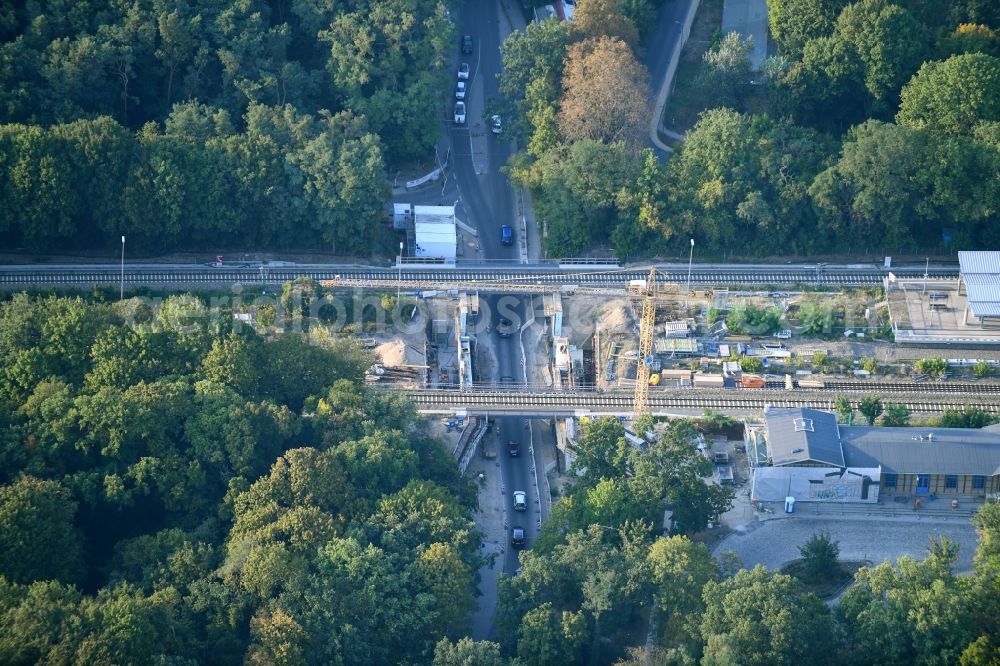 Hoppegarten from above - Construction site railway bridge building to route the train tracks on Birkensteiner Strasse in the district Dahlwitz-Hoppegarten in Hoppegarten in the state Brandenburg, Germany