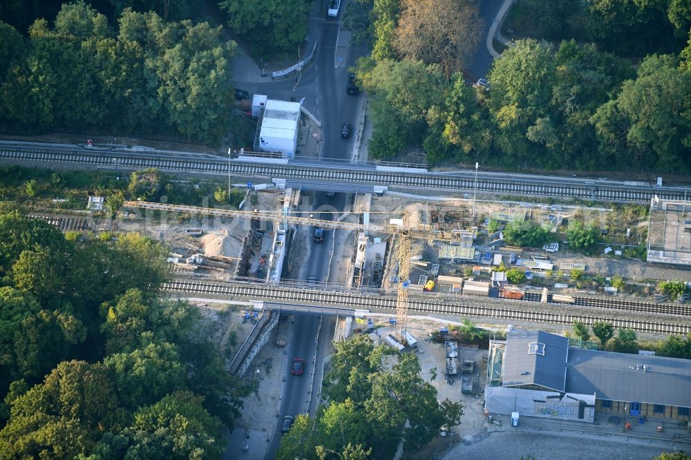 Aerial image Hoppegarten - Construction site railway bridge building to route the train tracks on Birkensteiner Strasse in the district Dahlwitz-Hoppegarten in Hoppegarten in the state Brandenburg, Germany