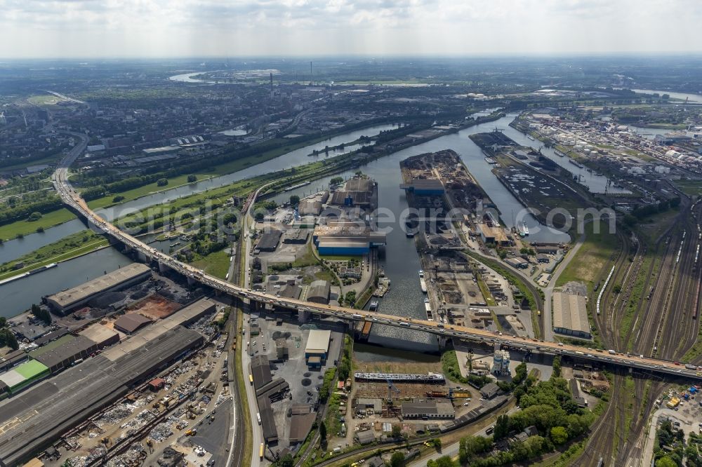 Aerial image Duisburg - Construction site of Building of the Berlin bridge the federal highway BAB A59 over the Rhine-Herne Canal and the Ruhr in Duisburg in North Rhine-Westphalia