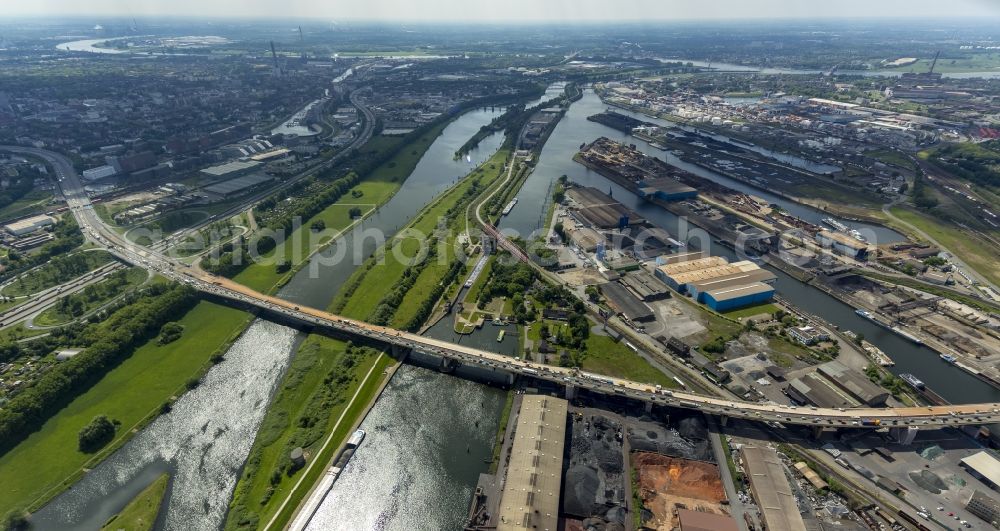 Duisburg from above - Construction site of Building of the Berlin bridge the federal highway BAB A59 over the Rhine-Herne Canal and the Ruhr in Duisburg in North Rhine-Westphalia