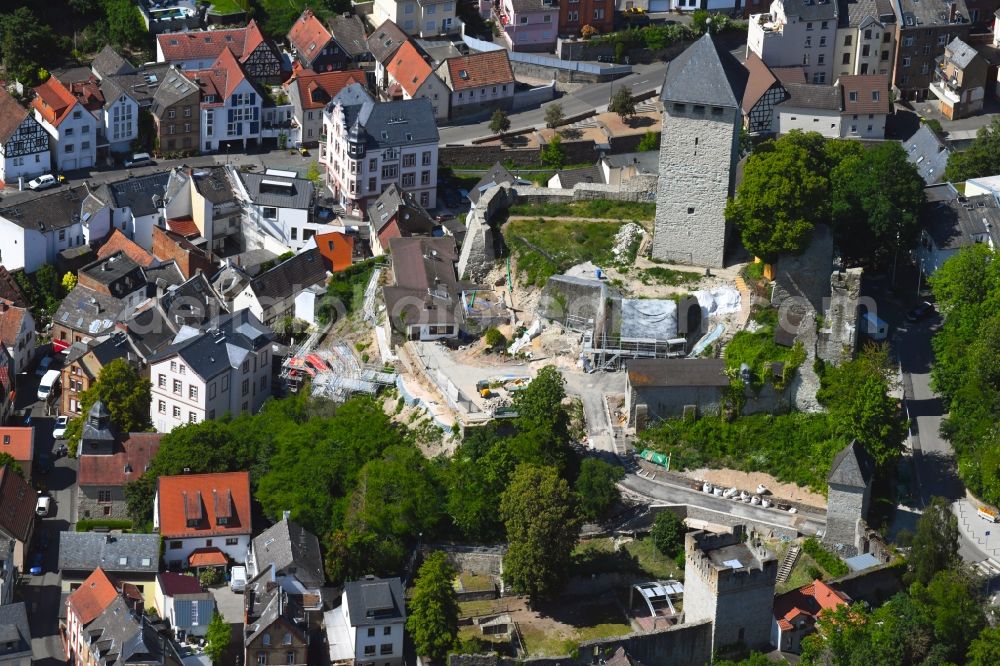 Wiesbaden from above - Construction site Tourist attraction of the historic monument of the castle Burg Sonnenberg on Talstrasse - Am Schlossberg in the district Sonnenberg in Wiesbaden in the state Hesse, Germany