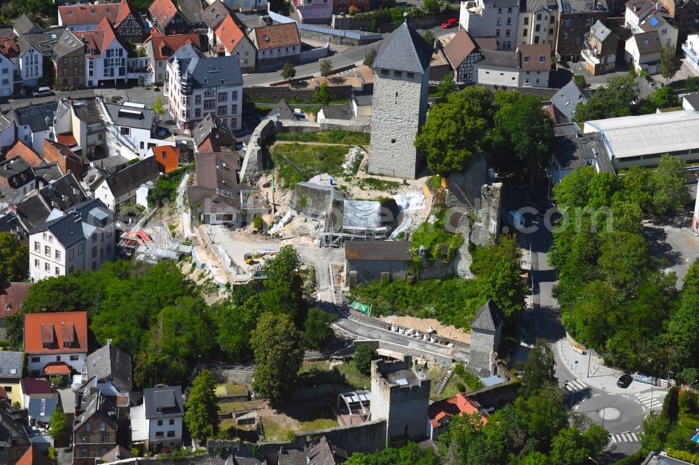 Aerial image Wiesbaden - Construction site Tourist attraction of the historic monument of the castle Burg Sonnenberg on Talstrasse - Am Schlossberg in the district Sonnenberg in Wiesbaden in the state Hesse, Germany