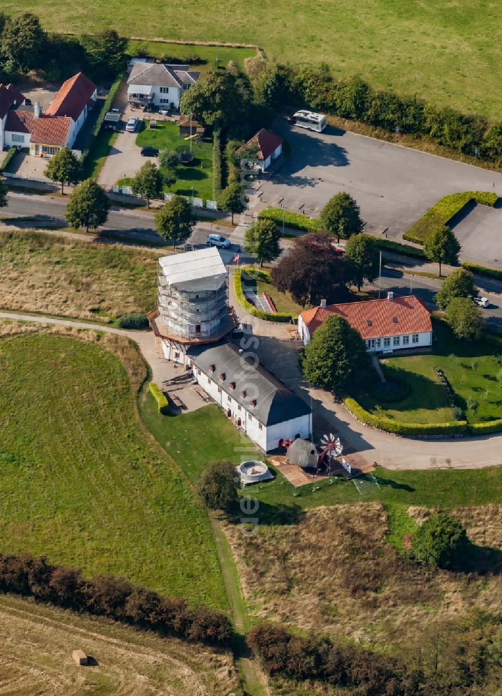 Sonderborg from above - Construction site Tourist attraction of the historic monument Dueppeler Muehle in Dybboel on street Dybboel Banke in Sonderborg in Syddanmark, Denmark