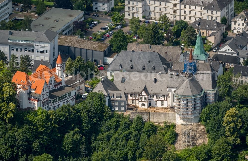 Arnsberg from the bird's eye view: Construction site Tourist attraction of the historic monument of Kloster Wedinghausen and of Propsteikirche St. Laurentius in of Klosterstrasse in Arnsberg in the state North Rhine-Westphalia, Germany