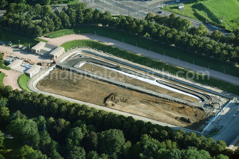 Aerial image Leipzig - Construction site Tourist attraction of the historic monument Voelkerschlachtdenkmal on Strasse of 18. Oktober in Leipzig in the state Saxony, Germany