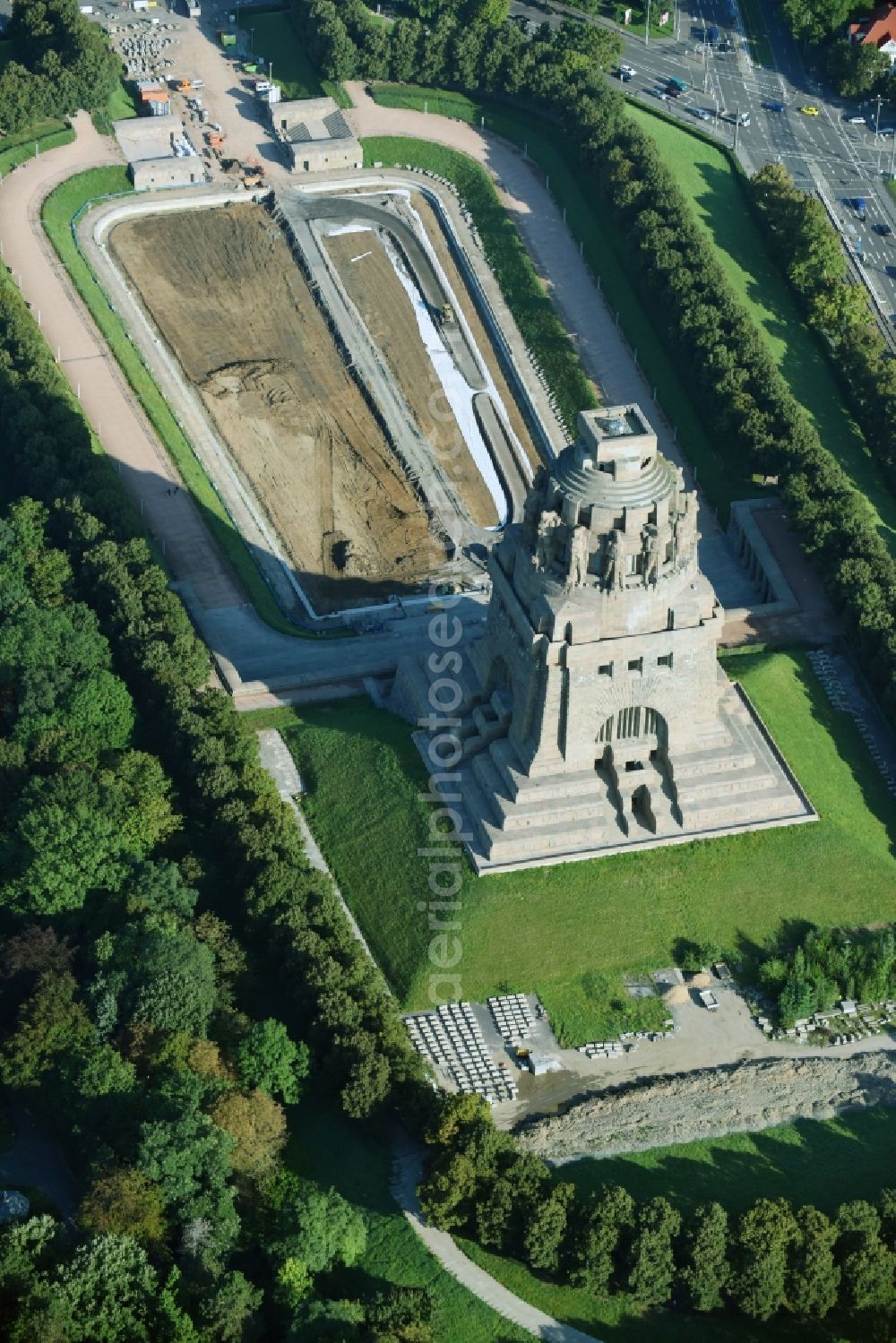 Aerial image Leipzig - Construction site Tourist attraction of the historic monument Voelkerschlachtdenkmal on Strasse of 18. Oktober in Leipzig in the state Saxony, Germany