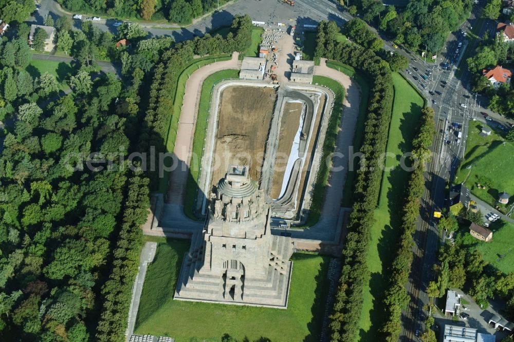 Leipzig from above - Construction site Tourist attraction of the historic monument Voelkerschlachtdenkmal on Strasse of 18. Oktober in Leipzig in the state Saxony, Germany