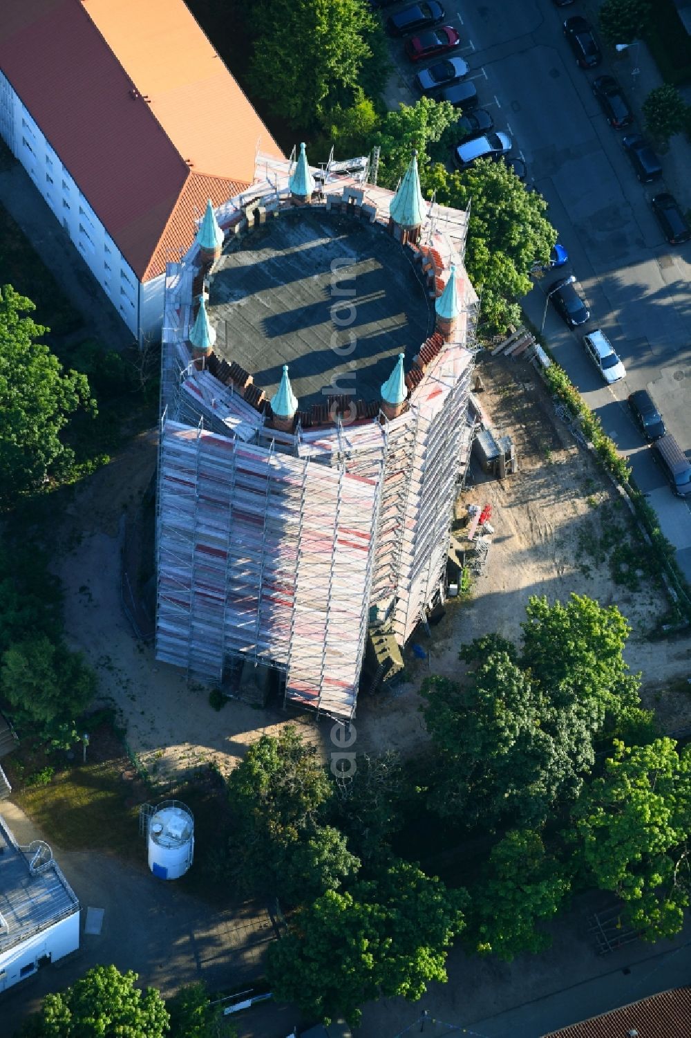 Aerial photograph Rostock - Construction site Tourist attraction of the historic monument of Wasserturm on Bluecherstrasse in Rostock in the state Mecklenburg - Western Pomerania, Germany