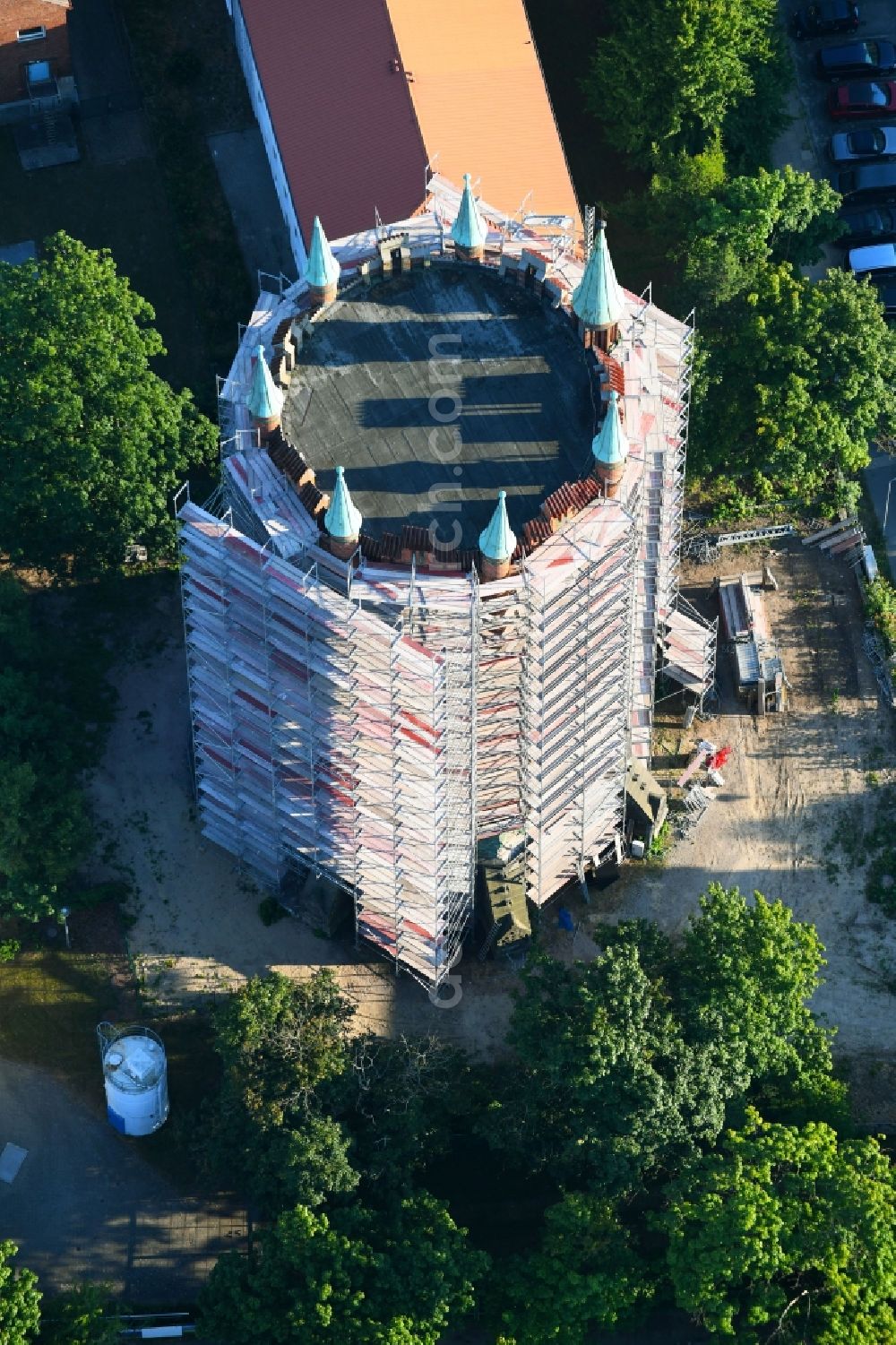 Rostock from above - Construction site Tourist attraction of the historic monument of Wasserturm on Bluecherstrasse in Rostock in the state Mecklenburg - Western Pomerania, Germany