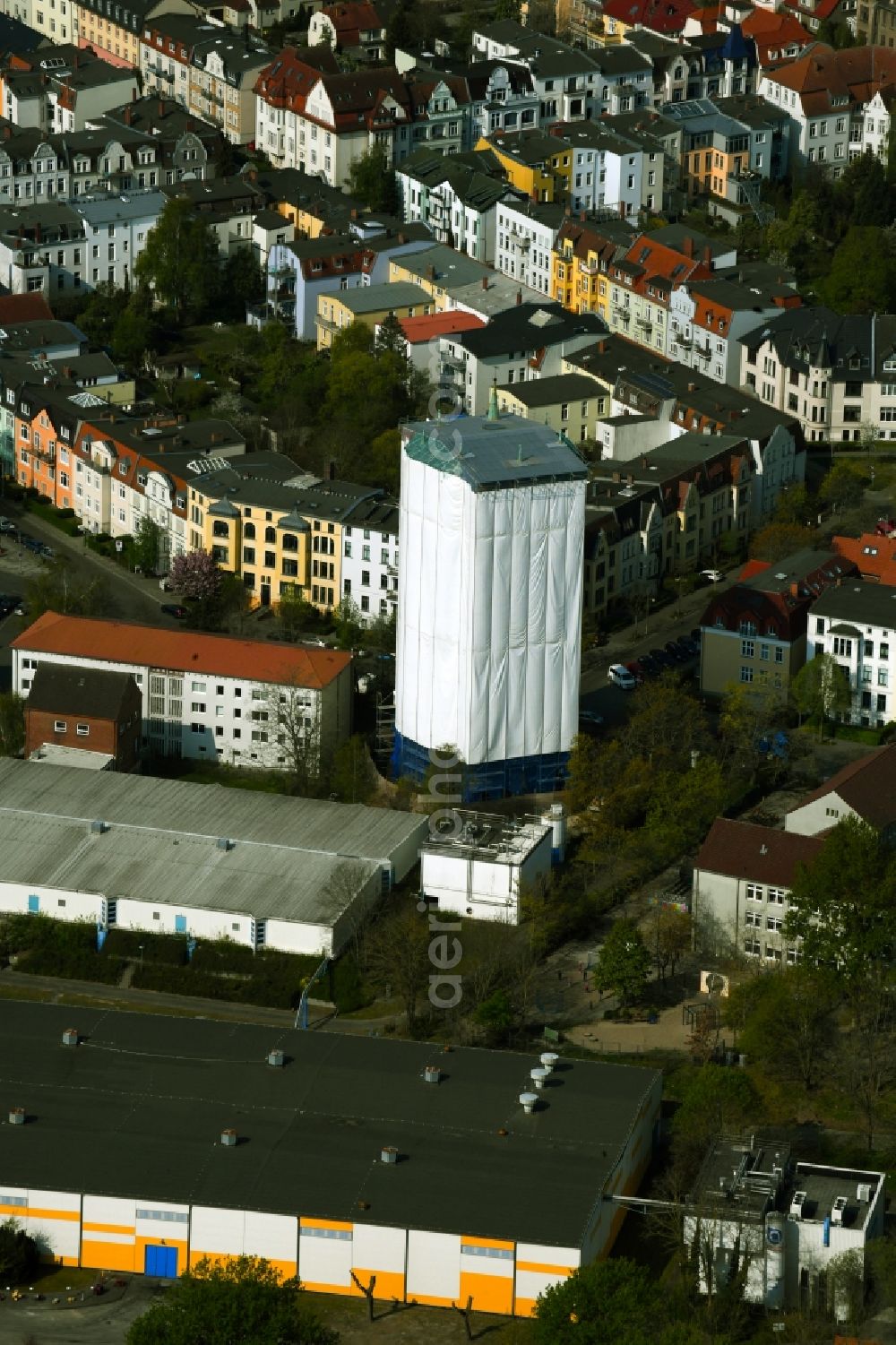 Aerial photograph Rostock - Construction site Tourist attraction of the historic monument of Wasserturm on Bluecherstrasse in Rostock in the state Mecklenburg - Western Pomerania, Germany