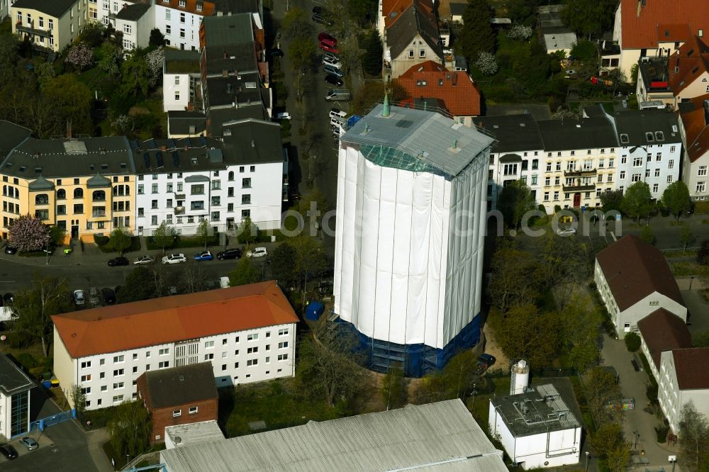 Aerial photograph Rostock - Construction site Tourist attraction of the historic monument of Wasserturm on Bluecherstrasse in Rostock in the state Mecklenburg - Western Pomerania, Germany