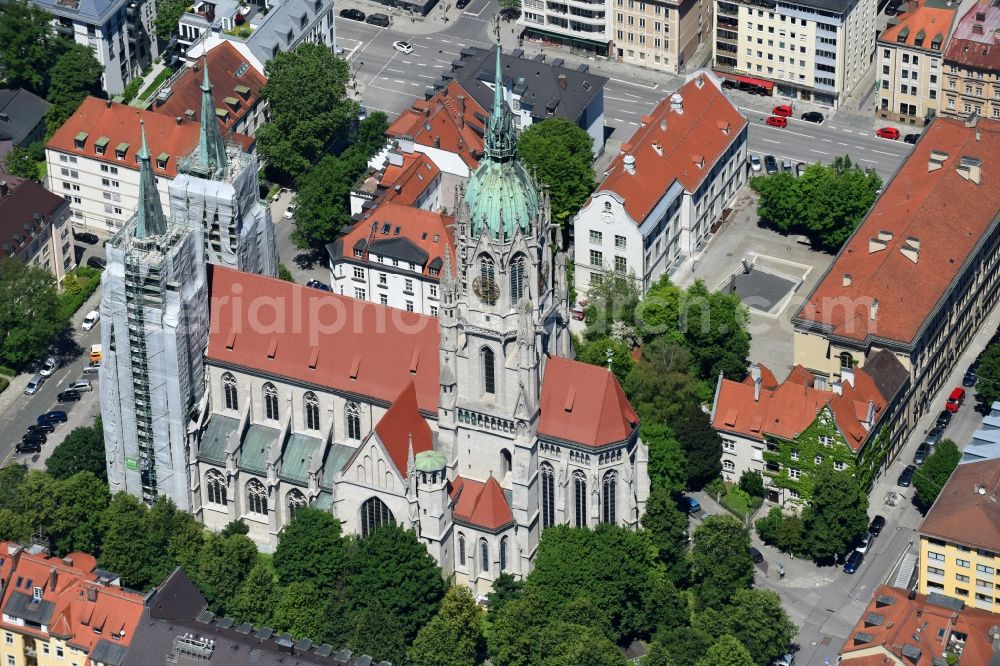 Aerial image München - Construction site Tourist attraction of the historic monument of Kirche Sankt Paul on St.-Pauls-Platz in the district Ludwigsvorstadt-Isarvorstadt in Munich in the state Bavaria, Germany