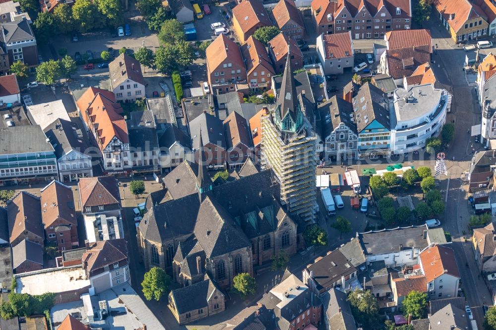 Ahlen from above - Construction site Tourist attraction of the historic monument of St. Marien Kirche on Marienplatz in Ahlen in the state North Rhine-Westphalia, Germany