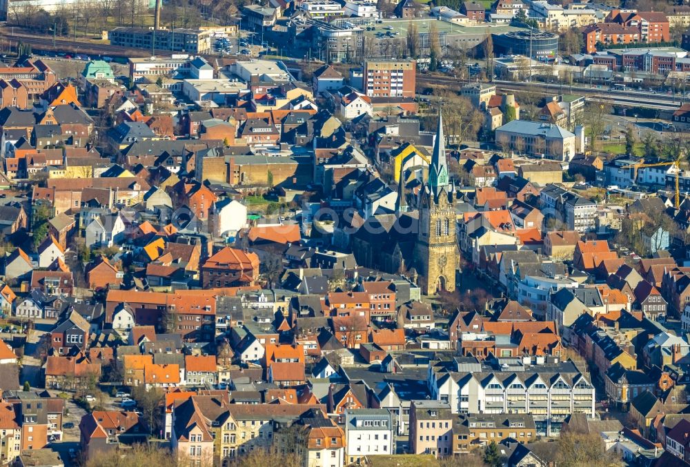 Aerial photograph Ahlen - Construction site Tourist attraction of the historic monument of St. Marien Kirche on Marienplatz in Ahlen in the state North Rhine-Westphalia, Germany