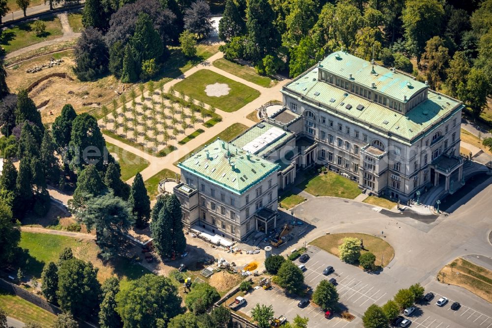 Essen from above - Construction site Tourist attraction of the historic monument on Villa Huegel in Essen in the state North Rhine-Westphalia, Germany