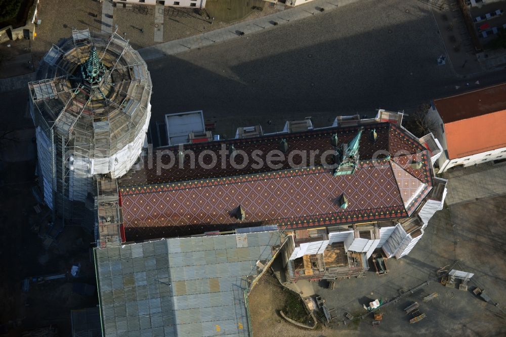 Aerial image Wittenberg - View of the castle church of Wittenberg. The castle with its 88 m high Gothic tower at the west end of the town is a UNESCO World Heritage Site. The first mention of the castle dates from 1187. It gained fame as in 1517 the Wittenberg Augustinian monk and theology professor Martin Luther spread his 95 disputation