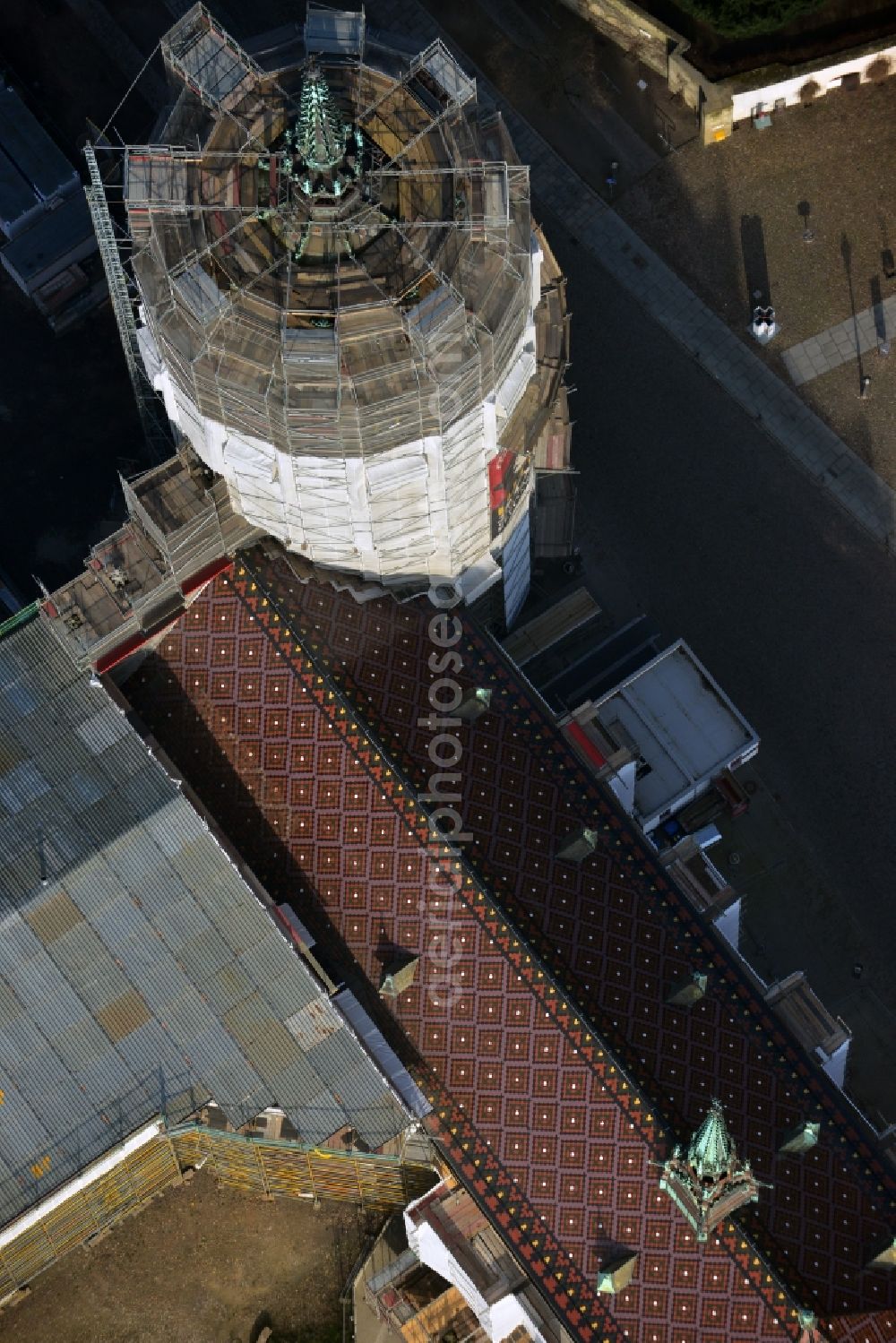 Wittenberg from above - View of the castle church of Wittenberg. The castle with its 88 m high Gothic tower at the west end of the town is a UNESCO World Heritage Site. The first mention of the castle dates from 1187. It gained fame as in 1517 the Wittenberg Augustinian monk and theology professor Martin Luther spread his 95 disputation